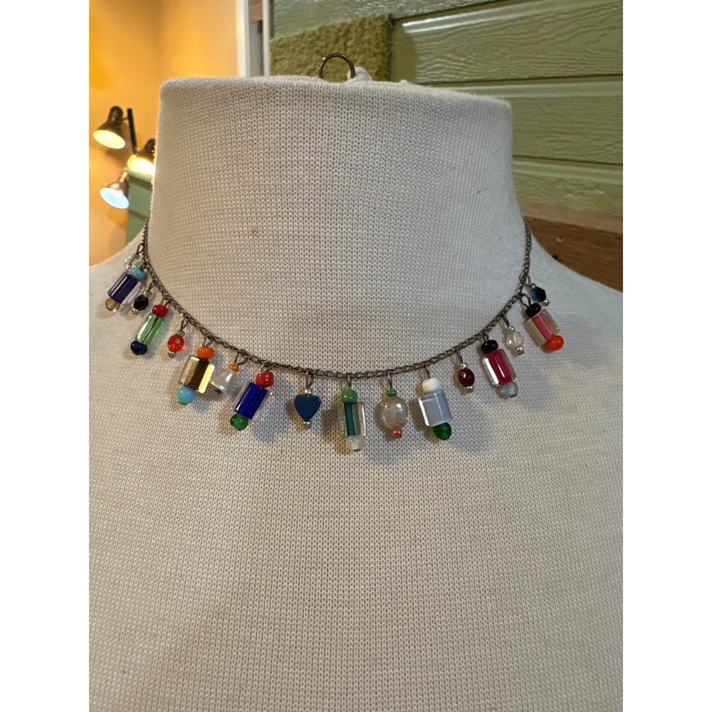 Vintage Style Multi Color Glass Bead Charm Necklace Silver Tone Cross